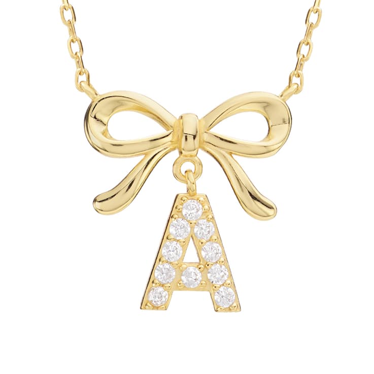 Initial A Bow CZ Necklace In 14K Gold Over Sterling Silver 0.23ctw