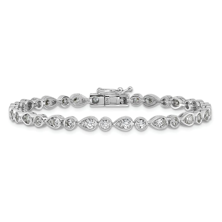 Rhodium Over Sterling Silver Polished Bezel Set Round and Pear Cubic
Zirconia Bracelet