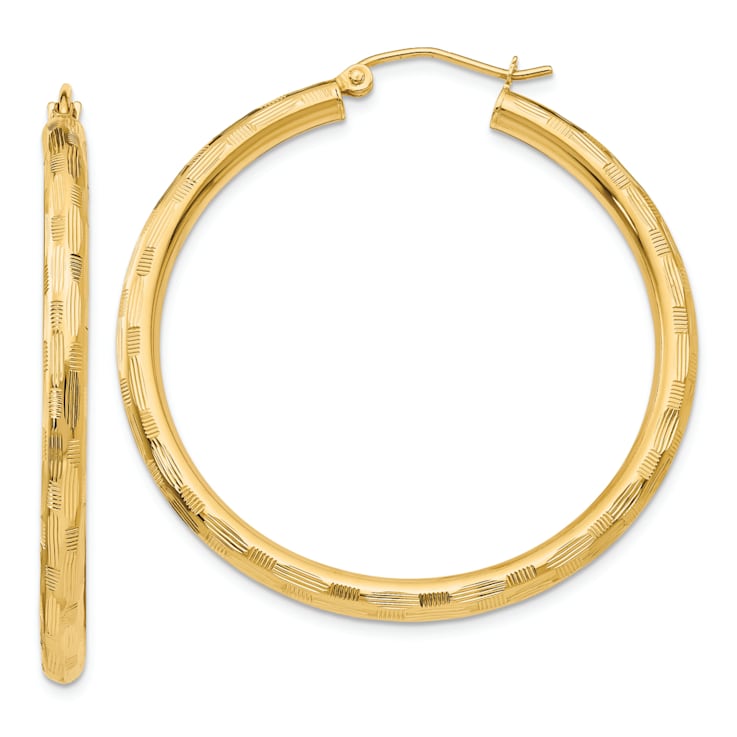 14K Yellow Gold Diamond-Cut 1 9/16" Hoop Earrings