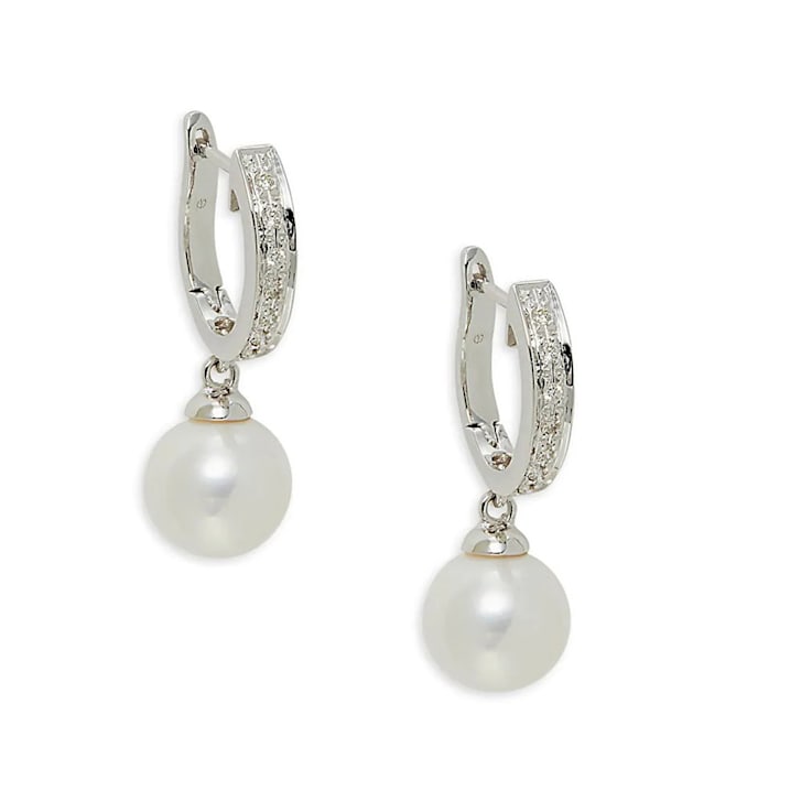 14KW Hoop Earrings  0.11 ctw  Diamond , White 9mm Cultured Pearl