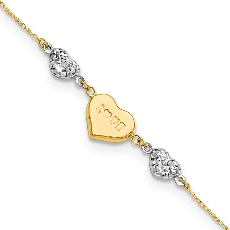 14k Two-tone Gold Puffed Love Heart and Diamond-Cut Hearts Bracelet