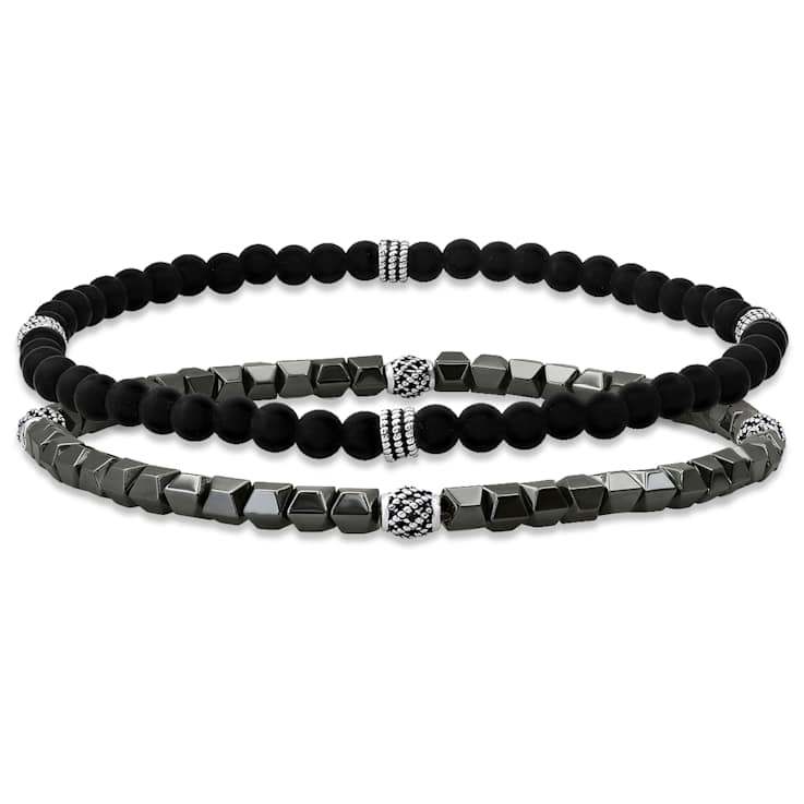 Black Lava Rock Beaded Stretch Bracelet Set