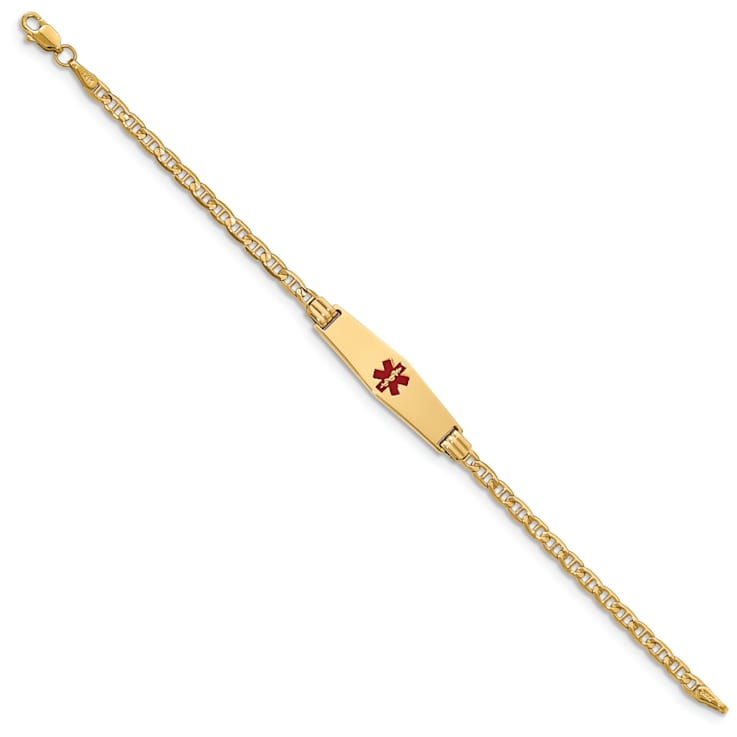 14k Yellow Gold Medical Soft Diamond Shape Red Enamel Mariner Link ID Bracelet