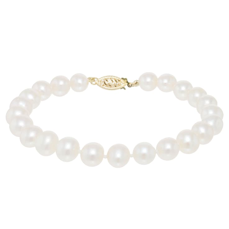 7-7.5mm White Cultured Freshwater Pearl 14k Yellow Gold Jewelry Set