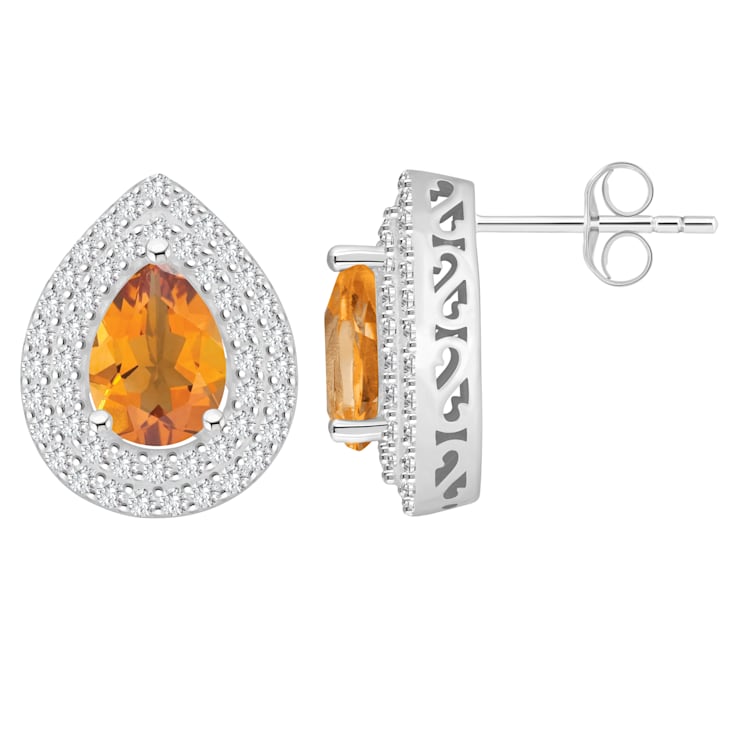 8x5mm Pear Shape Citrine And White Topaz Rhodium Over Sterling Silver
Double Halo Stud Earrings