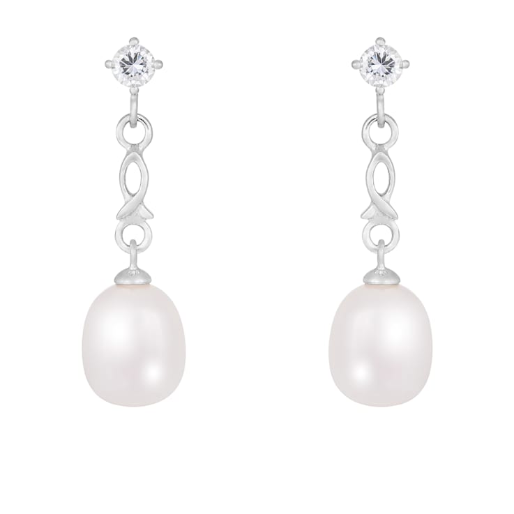 White Cultured Freshwater Pearl and Cubic Zirconia Rhodium Over Sterling
Silver 7-8mm Drop Earrings