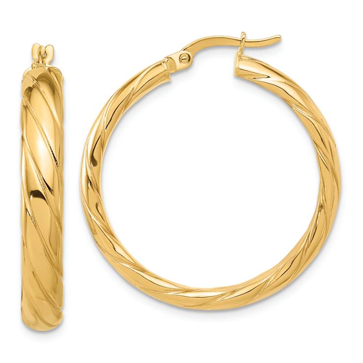 14k Yellow Gold Polished and Textured 1 1/4" Hoop Earrings