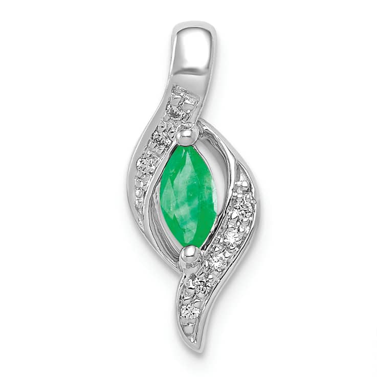 Rhodium Over 10k White Gold Diamond and 0.17 ctw Marquise Emerald Pendant