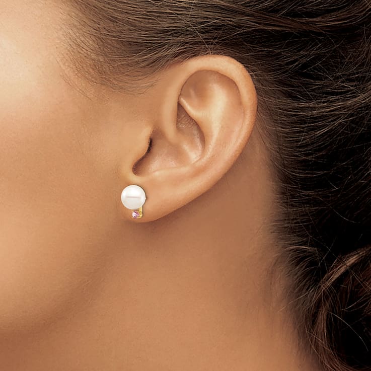14K Yellow Gold 8-8.5mm White Round Freshwater Cultured Pearl Pink Topaz
Post Earrings
