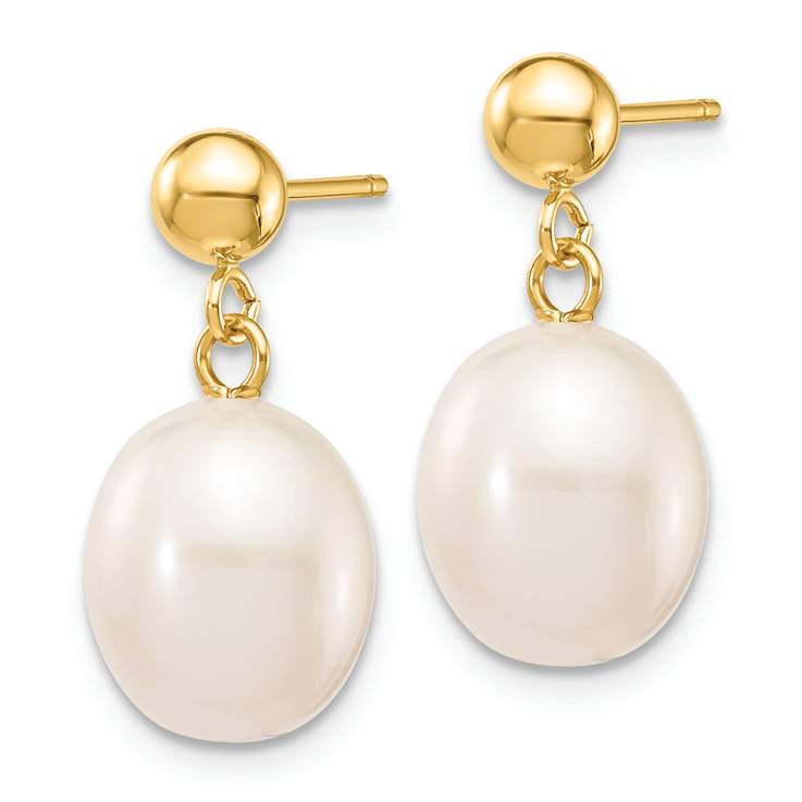 10k Yellow Gold 8-9mm White Rice Freshwater Cultured Pearl Dangle Earrings