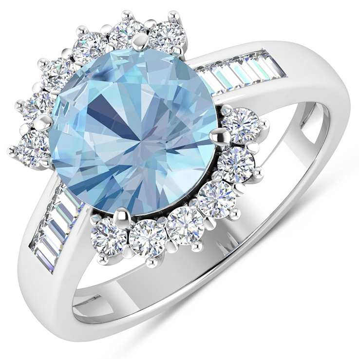 3.33ctw Blue Aquamarine and Diamond 14K White Gold Halo Ring