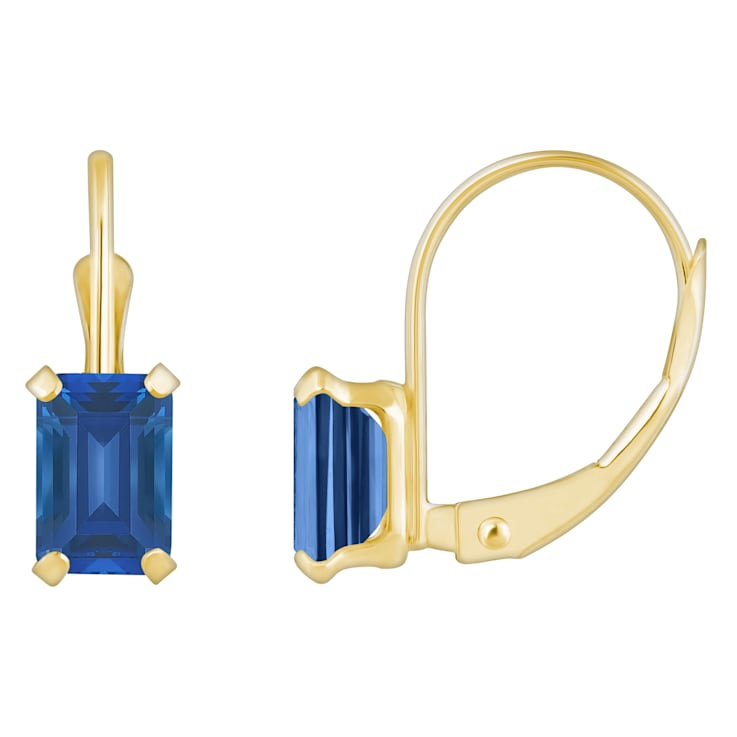 6x4mm Emerald Cut Created Sapphire 10k Yellow Gold Drop Earrings