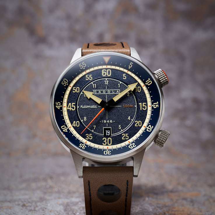 Cadola Rally Timer Blue Dial White Bezel Tan Stainless Steel Band
Automatic Watch