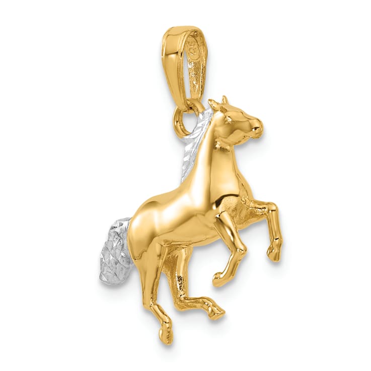 14K Yellow Gold with White Rhodium Diamond-cut 3D Horse Pendant