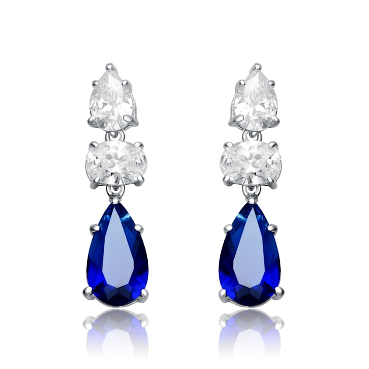 Sapphire Color CZ Drop Earrings In Sterling Silver