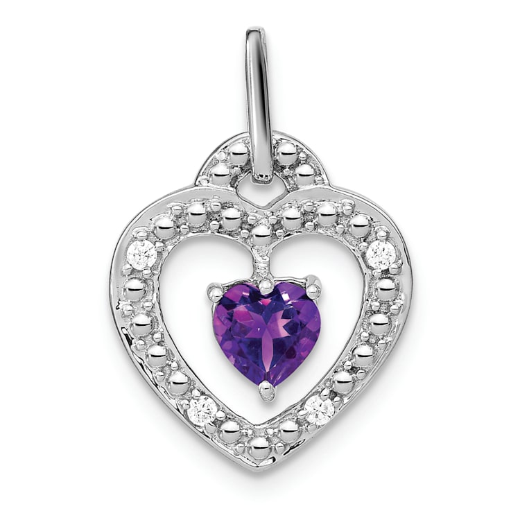 Rhodium Over 14k White Gold Amethyst and Diamond Heart Pendant