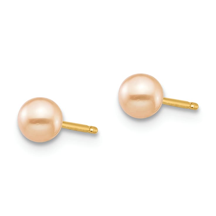 14K Yellow Gold 3-4mm Pink Round Freshwater Cultured Pearl Stud Earrings