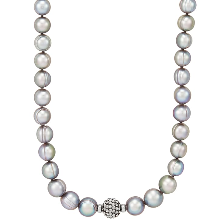 7-10mm Gray Freshwater Pearl with Crystal Accents Sterling Silver Strand Necklace