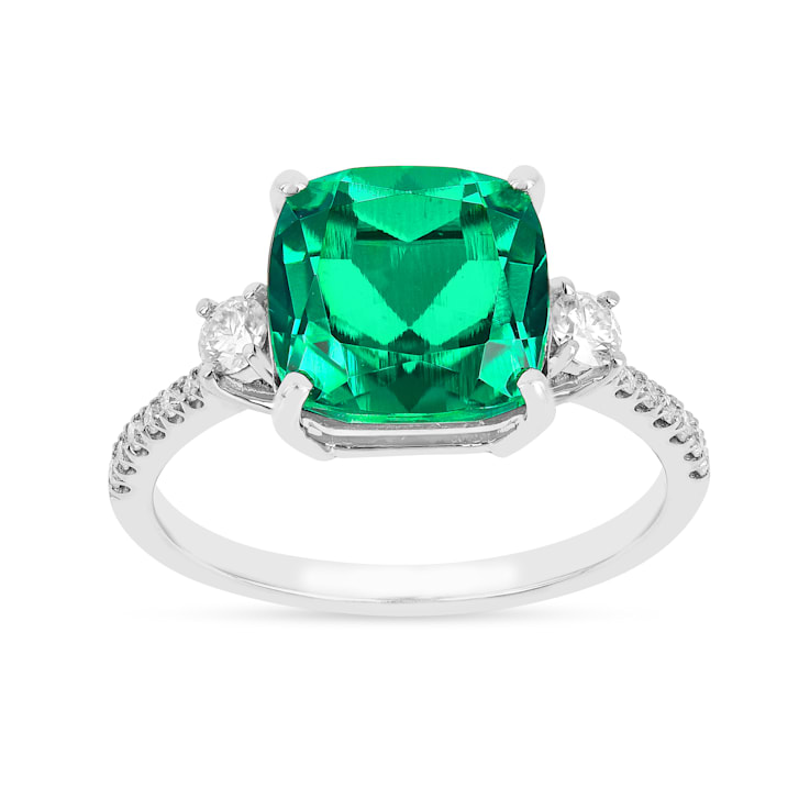 Lab Created Emerald and Moissanite Rhodium Over Sterling Silver 3-Stone Ring