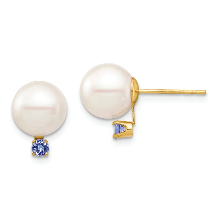14K Yellow Gold 8-8.5mm White Round Freshwater Cultured Pearl Tanzanite
Post Earrings