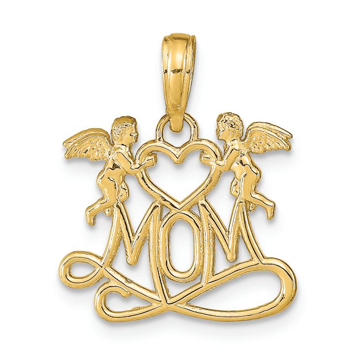 14k Yellow Gold Polished and Textured Mom with Heart and Angels Pendant