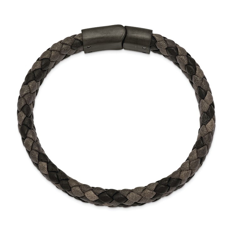 Brown Leather and Stainless Steel Brushed Gun Metal IP-plated 8.25-inch Bracelet