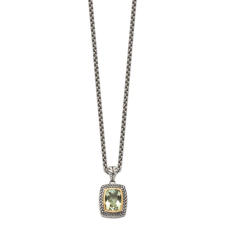 Sterling Silver Antiqued with 14K Accent Green Quartz Necklace