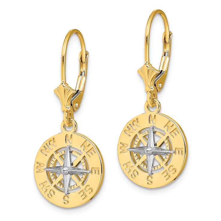 14k Yellow Gold and 14k White Gold Mini Nautical Compass Dangle Earrings