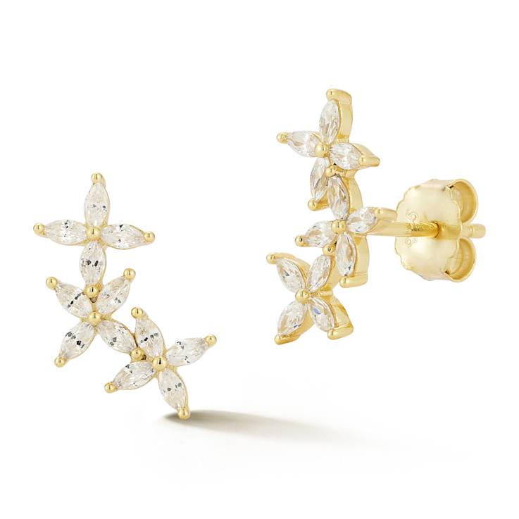 Rachel Zoe CZ Triple Flower Stud Earrings in 14K Gold Over Sterling Silver