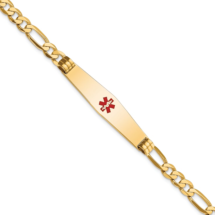 14k Yellow Gold Medical Soft Diamond Shape Red Enamel Flat Figaro Link
ID Bracelet