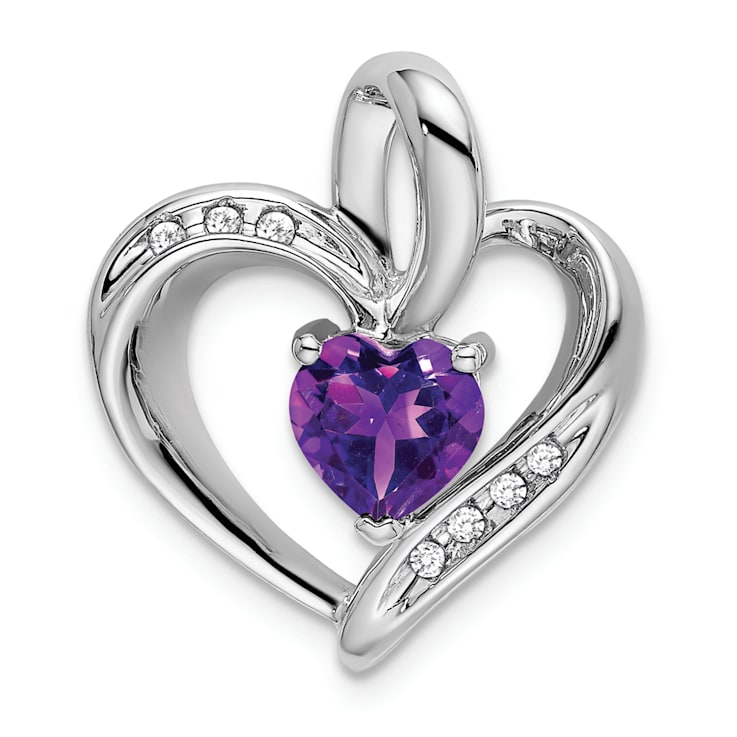 Rhodium Over 14k White Gold Amethyst and Diamond Heart Pendant