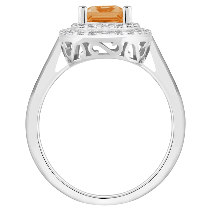 8x6mm Emerald Cut Citrine And White Topaz Accents Rhodium Over Sterling
Silver Double Halo Ring