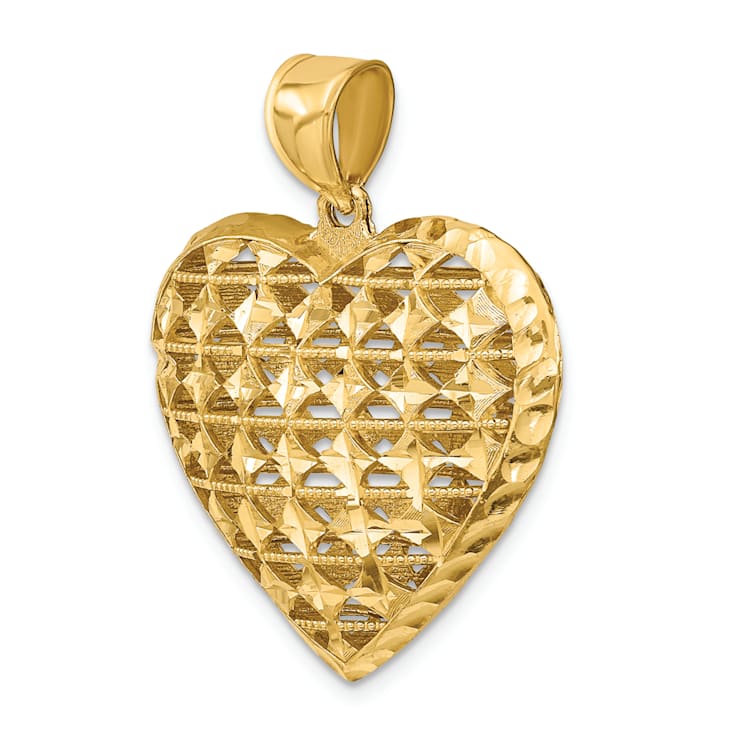 14k Yellow Gold 3D Cut-out Diamond-Cut Puffed Heart Pendant