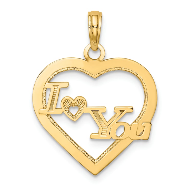 14k Yellow Gold Textured I HEART YOU in Heart Frame pendant
