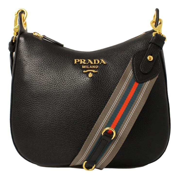 Prada Black Vitello Phenix Leather Web Stripe Strap Crossbody 1BR5KA