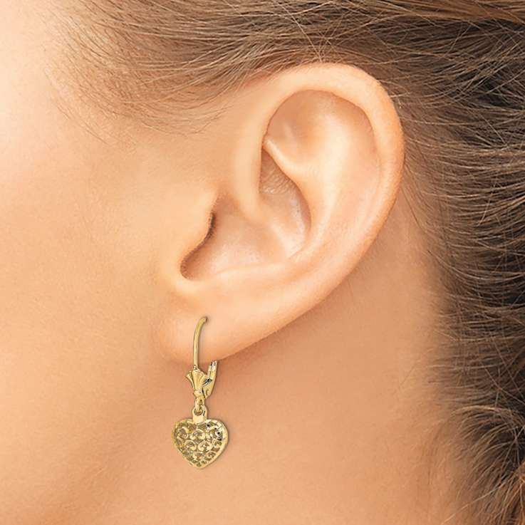 14k Yellow Gold Diamond-Cut and Textured Mini Puffed Heart Dangle Earrings