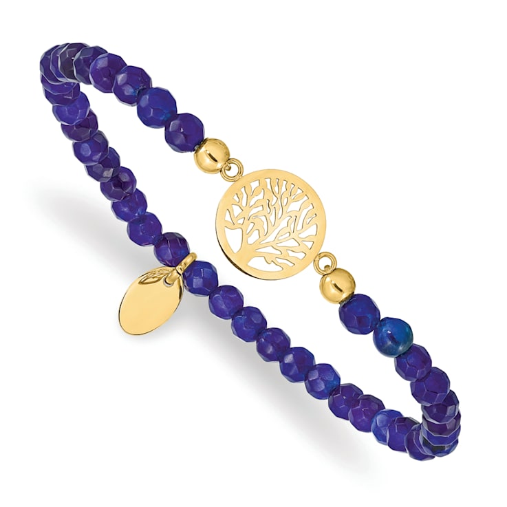 Yellow Stainless Steel Polished Tree of Life Blue Jade Stretch Bracelet
