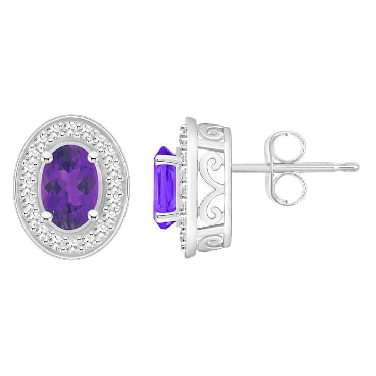 6x4mm Oval Amethyst 1/5 ctw Diamond Rhodium Over Sterling Silver Halo
Stud Earrings