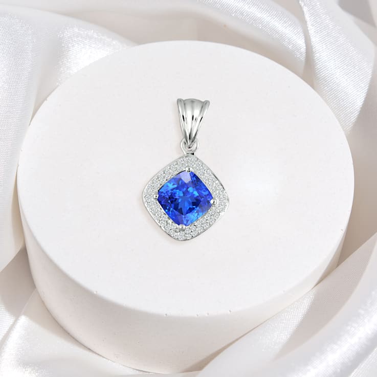 14K White Gold Rectangular Cushion Tanzanite and Diamond Pendant 2.24ctw