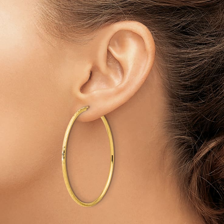 14k Yellow Gold Polished, Satin and Diamond-Cut 2 1/8" Endless Hoop Earrings