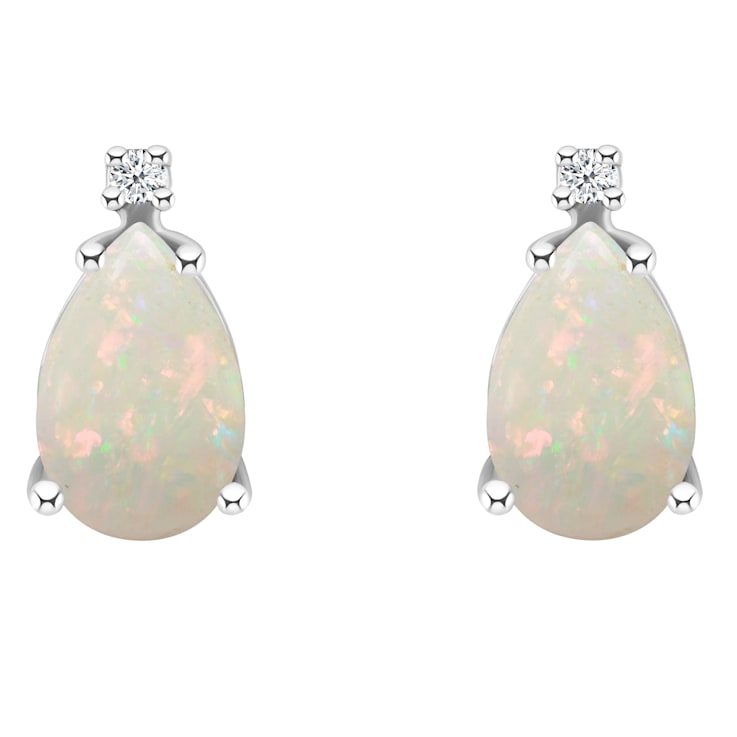8x5mm Pear Shape Opal with Diamond Accents 14k White Gold Stud Earrings