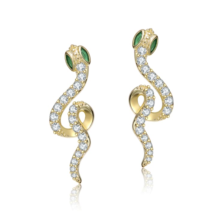 Emerald Color CZ Snake Drop Earrings In 14K Gold Over Brass