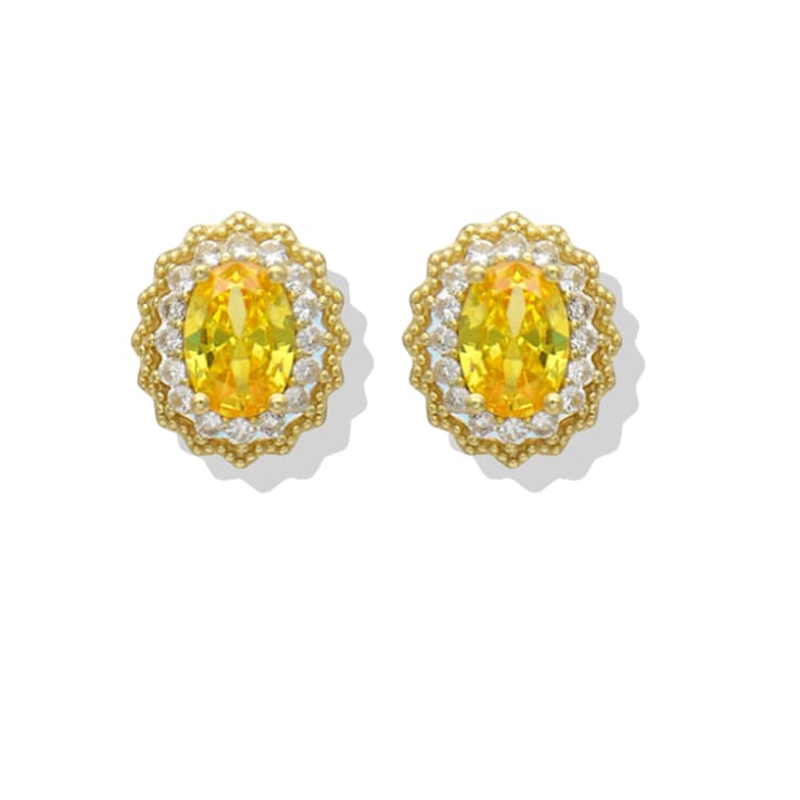 Yellow Citrine and White Sapphire Sterling Silver Halo Earrings