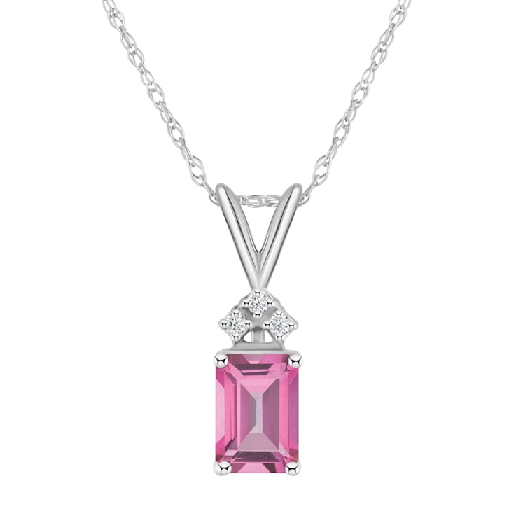 7x5mm Emerald Cut Pink Topaz with Diamond Accents 14k White Gold Pendant
With Chain