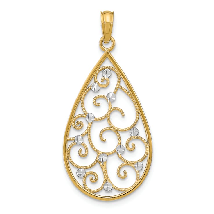 14k Two-tone Gold Beaded Filigree Diamond-cut Teardrop Charm