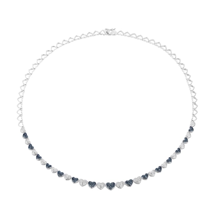 Blue and White Diamond Rhodium Over Sterling Silver Heart Tennis
Necklace 0.10ctw