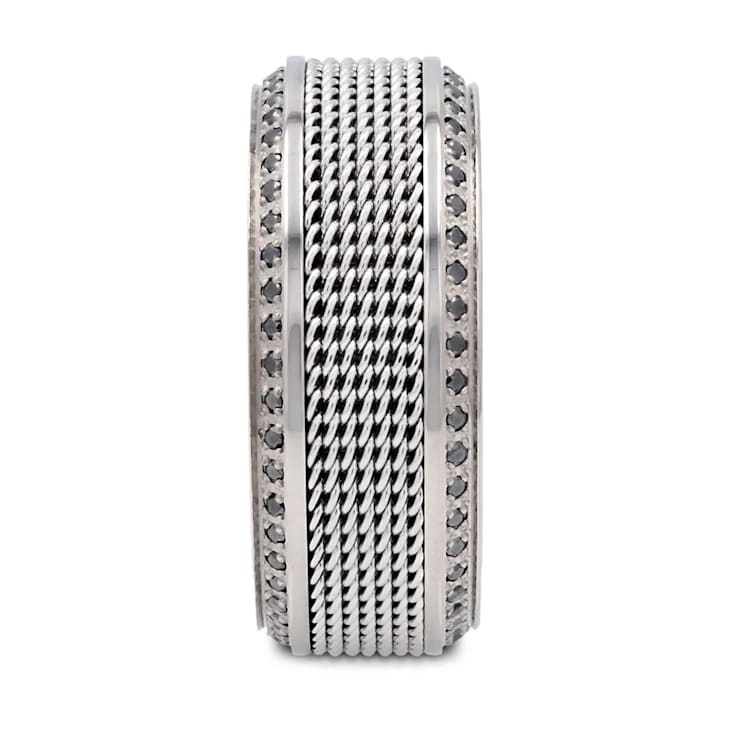 GAUNTLET Steel Chain Titanium Wedding Ring Polished Beveled Edges Set
with Round Black Diamonds 10mm