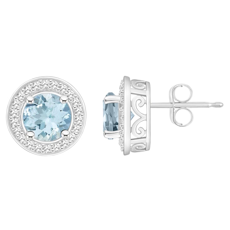 6mm Round Aquamarine 1/5 ctw Diamond Rhodium Over Sterling Silver Halo
Stud Earrings