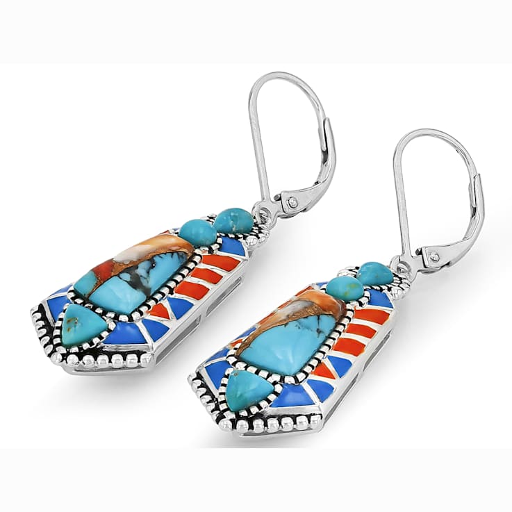 Spiny Oyster, Turquoise And Enamel Sterling Silver Dangle Earrings 12x6mm