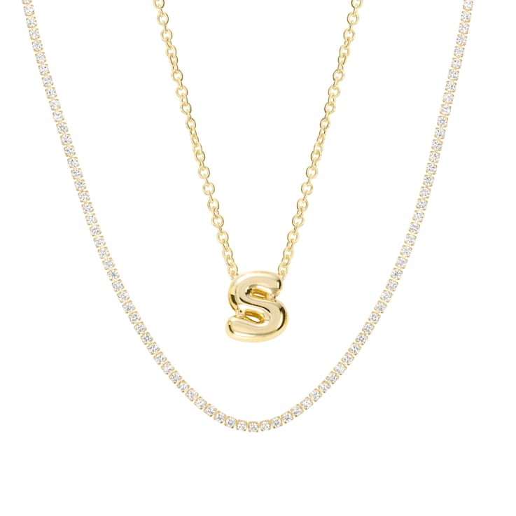 CZ Initial S Tennis Necklace And Pendant Set In 14K Gold Over Brass 4.05ctw